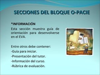 SECCIONES DEL BLOQUE O-PACIE  *INFORMACIÓN Esta sección muestra guía de orientación para desenvolverse en el EVA. Entre otros debe contener: -Guía para iniciar. -Presentación del tutor. -Información del curso. -Rúbrica de evaluación. 