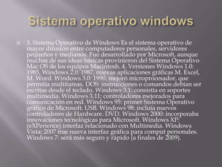    3. Sistema Operativo de Windows Es el sistema operativo de
    mayor difusión entre computadores personales, servidores
    pequeños y medianos. Fue desarrollado por Microsoft, aunque
    muchas de sus ideas básicas provinieron del Sistema Operativo
    Mac OS de los equipos Macintosh. 4. Versiones Windows 1.0:
    1985, Windows 2.0: 1987, nuevas aplicaciones gráficas M. Excel,
    M. Word. Windows 3.0: 1990, mejoró microprocesador, que
    permitía multitareas. DOS: instrucciones o comandos debían ser
    escritas desde el teclado. Windows 3.1: consistía en soportes
    multimedia. Windows 3.11: controladores mejorados para
    comunicación en red. Windows 95: primer Sistema Operativo
    gráfico de Microsoft. USB. Windows 98: incluía nuevos
    controladores de Hardware. DVD. Windows 2000: incorporaba
    innovaciones tecnológicas para Microsoft. Windows XP:
    (eXPerience) interfaz relacionado con Multimedia. Windows
    Vista: 2007 trae nueva interfaz gráfica para comput personales.
    Windows 7: será más seguro y rápido (a finales de 2009).
 