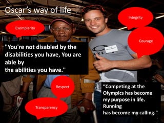 Oscar’s way of life
                                                 Integrity

    Exemplarity


                                                       Courage
"You're not disabled by the
disabilities you have, You are
able by
the abilities you have."

                             Respect   “Competing at the
                                       Olympics has become
                                       my purpose in life.
                  Transparency         Running
                                       has become my calling."
 