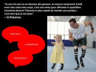 “Je suis né sans os en dessous des genoux. Je mesure seulement 1m58
mais cela reste mon corps, c’est une arme pour affronter le quotidien.
Comment devenir l’homme le plus rapide du monde sans jambes :
c’est ainsi que je me bats.”
– O.Pistorius




     Endurance



                  Compétitivité




        Performance
 