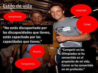 Estilo de vida
                                             Integridad

   Ejemplaridad


                                                    Corage
“No estás discapacitado por
las discapacidades que tienes,
estás capacitado por las
capacidades que tienes.”

                         Respeto
                                   “Competir en las
                                   Olimpiadas se ha
                                   convertido en el
                                   propósito de mi vida.
              Transparencia
                                   Correr se ha convertido
                                   en mi profesión.”
 