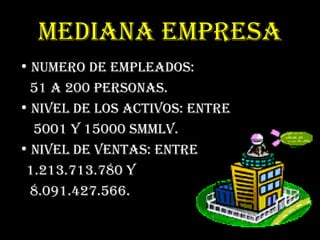 MEDIANA EMPRESA NUMERO DE EMPLEADOS:  51 A 200 Personas. NIVEL DE LOS ACTIVOS: ENTRE  5001 y 15000 smmlv. NIVEl DE VENTAS: ENTRE  1.213.713.780 Y  8.091.427.566. 