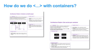 How do we do <…> with containers?
• Operations agility: This pattern handles complex architecture in
build process where multiple version of packages are to be
managed
Architecture Pattern: Container as build output
Conceptual View
Enabling Principles
• Usability: There should be no reason to not build
containers using a Continuous Integration platform and
leverage the automation and versioning capabilities
provided.
Risks & Issues
• Operability: Best used when continuos integrationis
needed
• Versioning: Continuous Integration platform is also
responsible for versioning containers and publishing them
to a private/public Docker registryfor consumption
Benefits / Force
Integrate the container build process withina Continuous Integration
tool and ensures repeatability of the build process. Additionally, the
CI platform is alsoresponsible for versioning containers and
publishing them to a private/public Docker registry for consumption.
Overview
SCM Jenkins Docker
Internal
Registry
Receive Code
Build Container
Tag Container
Push Container
• Prepare for failure: As one contaioner provides only one service,
isolation is preserved. And failure of one unit in system do not
affect other services.
• Operations agility: As each container offers single service it can
be used by multiple applicationwithout affecting others
Architecture Pattern: One service per container
Conceptual View
Enabling Principles
• Operability : As only one service (process) is run in the
container, this pattern requires careful consideration of
its operational concerns such as logging, monitoring and
restarting the container should the process inside crash.
Risks & Issues
• Maintainability: Smaller, lightweight containers
• Operability: Stacks are easier to compose by combining
and linking containers withdifferent components
• Security: Smaller attacksurface incase of vulnerabilities
Benefits / Force
The “one service per container” app enforces anapproach where a
container runs only a single applicationor service. No process
manager is used within the container.
Implement an application packaged withina container, as the only
one process that runs within the container.
Overview
Logging Monitoring
Data Storage Frontend
 