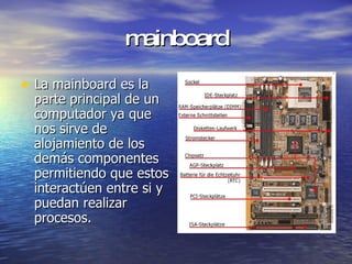mainboard La mainboard es la parte principal de un computador ya que nos sirve de alojamiento de los demás componentes permitiendo que estos interactúen entre si y puedan realizar procesos.  