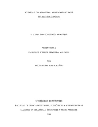 ACTIVIDAD COLABORATIVA, MOMENTO INDIVIDUAL
FITORREMEDIACIACION
ELECTIVA BIOTECNOLOGÍA AMBIENTAL
PRESENTADO A:
Ph. D JORGE WILLIAM ARBOLEDA VALENCIA
POR:
OSCAR DARIO RUIZ BOLAÑOS
UNIVERSIDAD DE MANZALES
FACULTAD DE CIENCIAS CONTABLES, ECONÓMICAS Y ADMINISTRATIVAS
MAESTRIA EN DESARROLLO SOSTENIBLE Y MEDIO AMBIENTE
2019
 
