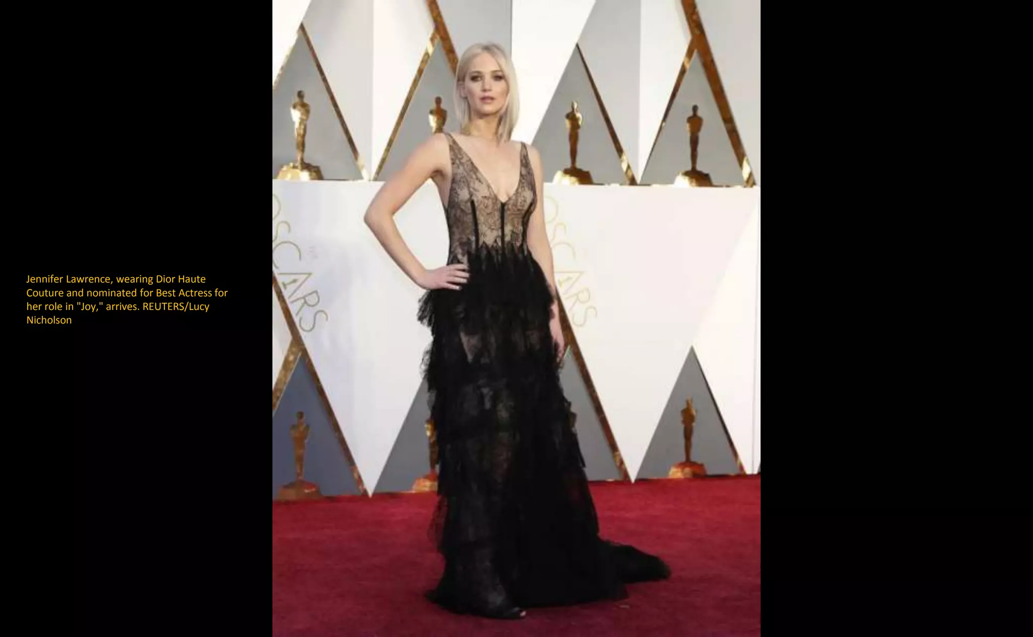 Jennifer Lawrence, wearing Dior Haute
Couture and nominated for Best Actress for
her role in "Joy," arrives. REUTERS/Lucy
Nicholson
 