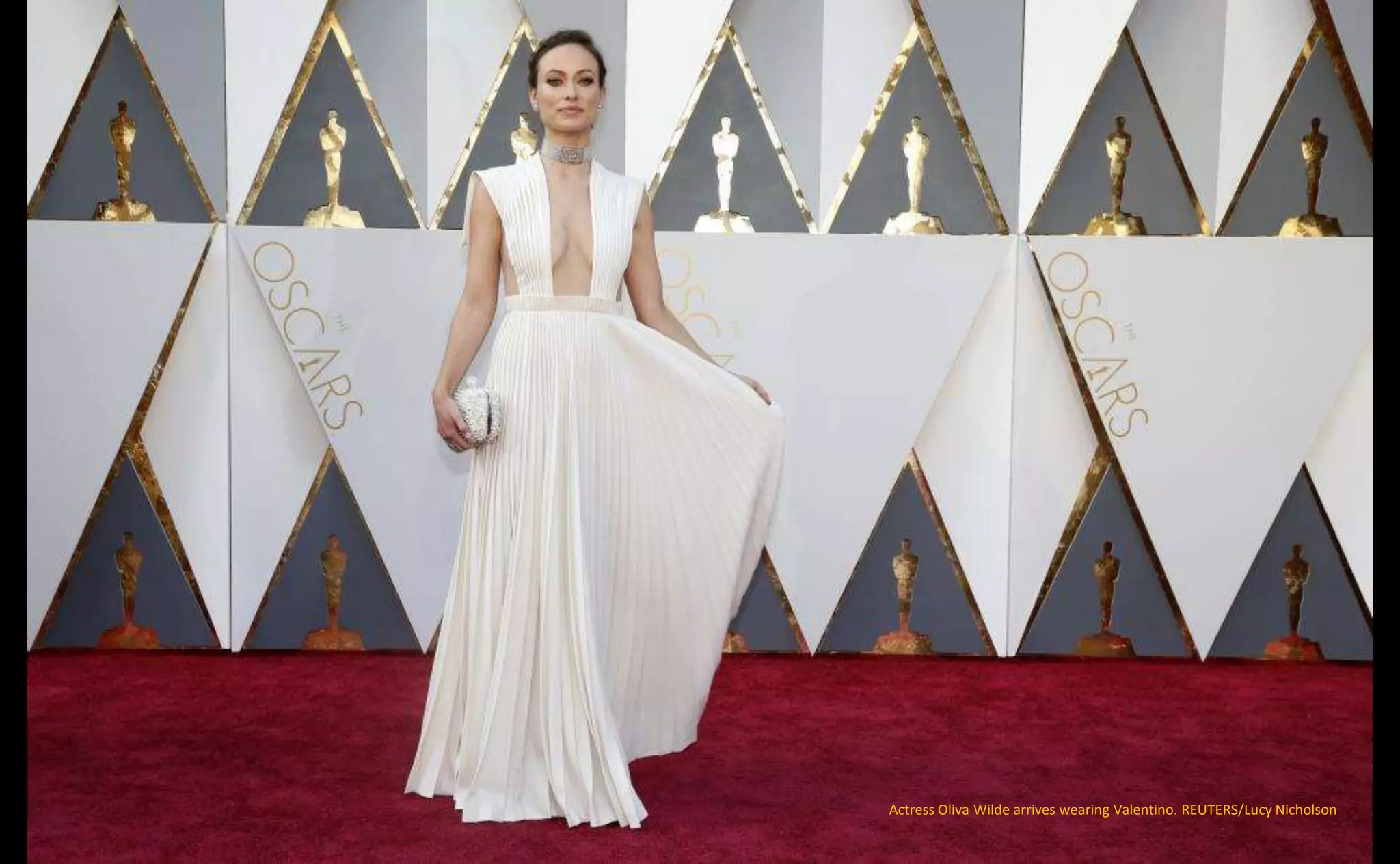 Actress Oliva Wilde arrives wearing Valentino. REUTERS/Lucy Nicholson
 