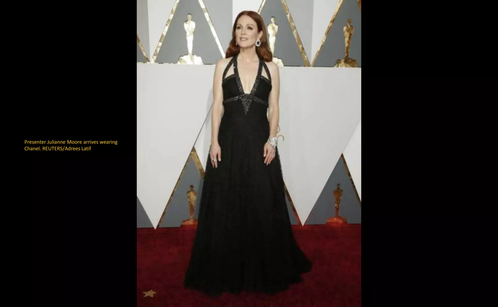 Presenter Julianne Moore arrives wearing
Chanel. REUTERS/Adrees Latif
 