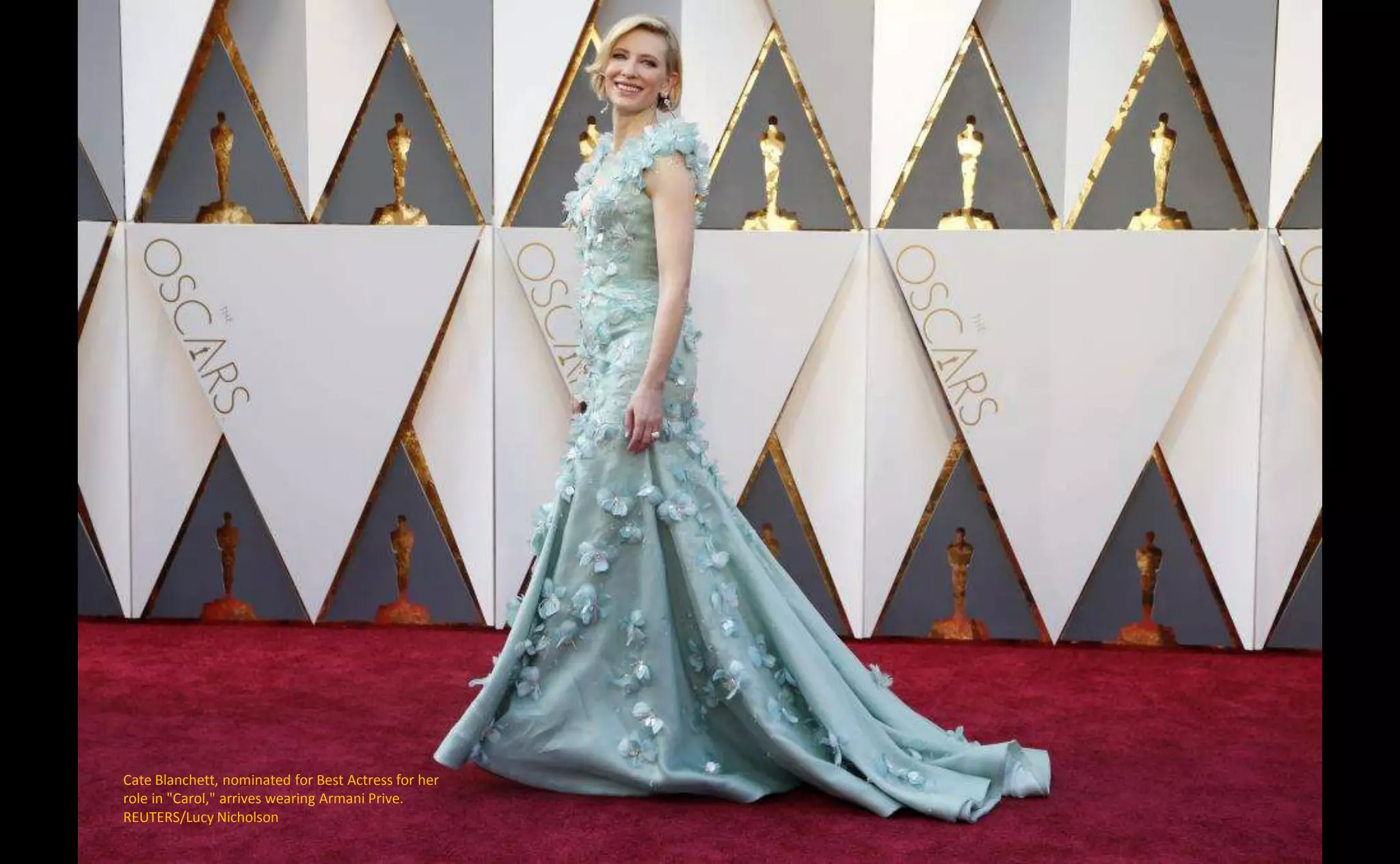 Cate Blanchett, nominated for Best Actress for her
role in "Carol," arrives wearing Armani Prive.
REUTERS/Lucy Nicholson
 