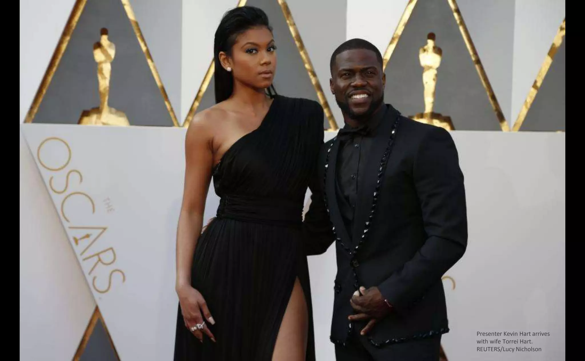 Presenter Kevin Hart arrives
with wife Torrei Hart.
REUTERS/Lucy Nicholson
 