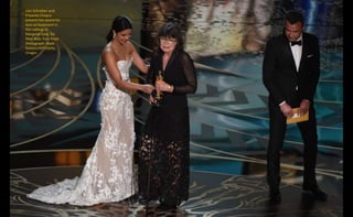 Liev Schreiber and
Priyanka Chopra
present the award for
best achievement in
film editing to
Margaret Sixel, for
Mad Max: Fury Road
Photograph: Mark
Ralston/AFP/Getty
Images
 