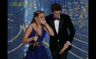Brie Larson reacts as she takes the stage to accepts the
Oscar for Best Actress for her role in "Room" from
presenter Eddie Redmayne. REUTERS/Mario Anzuoni
 