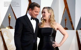 Kate Winslet, nominated for Best
Supporting Actress for her role in "Steve
Jobs," and Leonardo DiCaprio, nominated
for Best Actor for his role in "The
Revenant," arrive. REUTERS/Lucy Nicholson
 