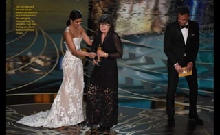 Liev Schreiber and
Priyanka Chopra
present the award for
best achievement in
film editing to
Margaret Sixel, for
Mad Max: ...