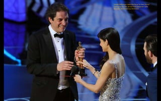 Sylvain Bellemare takes the Oscar for Best Sound
Editing for the film Arrival from presenter Sofia
Boutella. REUTERS/Lucy ...