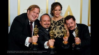Phillip Bladh, Carlos Cortes, Michellee Couttolenc and Jaime Baksht, winners of the award
for best sound for "Sound of Metal", pose in the press room. Chris Pizzello/Pool
 