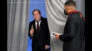 Phillip Bladh, winner of the award for best sound for "Sound of Metal," enters the press room. Chris Pizzello/Pool
 