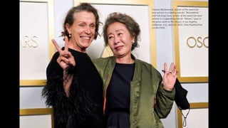 Frances McDormand, winner of the award for
best actress in a leading role for "Nomadland,"
and Yuh-Jung Youn, winner of the award for best
actress in a supporting role for "Minari," pose in
the press room at the Oscars, in Los Angeles,
California, U.S., April 25, 2021. Chris Pizzello/Pool
via REUTERS
 