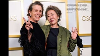 Frances McDormand, winner of the award for
best actress in a leading role for "Nomadland,"
and Yuh-Jung Youn, winner of th...