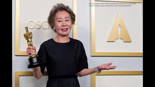 Yuh-Jung Youn, winner of the award for best actress in a supporting
role for "Minari," poses in the press room. Chris Pizz...