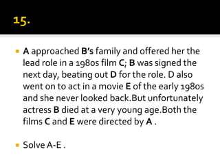 15.A approached B’s family and offered her the lead role in a 1980s film C; B was signed the next day, beating out D for the role. D also went on to act in a movie E of the early 1980s and she never looked back.But unfortunately actress B died at a very young age.Both the films C and E were directed by A .Solve A-E .