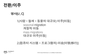 © 2019, Amazon Web Services, Inc. or its affiliates. All rights reserved.
전환/이주
명사[U , C]
1.(사람・철새・동물의 대규모) 이주[이동]
seasonal migration
계절적 이동
mass migrations
대규모 이주[이동]
2.(컴퓨터 시스템・프로그램의) 이송[이행(移行)]
 