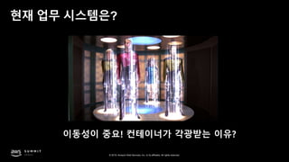 © 2019, Amazon Web Services, Inc. or its affiliates. All rights reserved.
현재 업무 시스템은?
이동성이 중요! 컨테이너가 각광받는 이유?
 