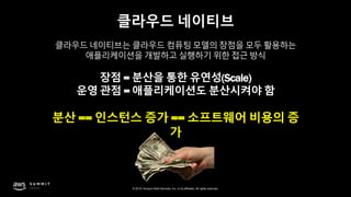 © 2019, Amazon Web Services, Inc. or its affiliates. All rights reserved.
클라우드 네이티브
클라우드 네이티브는 클라우드 컴퓨팅 모델의 장점을 모두 활용하는
애플...
