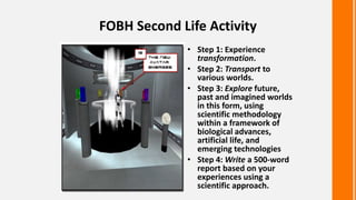 Initial foray with Second Life by O’Connor — 2007
Support from Empire State
College:
— training on basic artifact
creation...