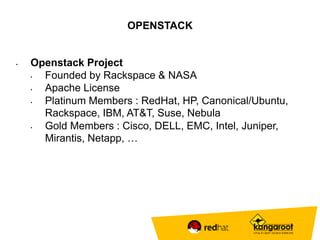 OPENSTACK 
• Openstack Project 
• Founded by Rackspace & NASA 
• Apache License 
• Platinum Members : RedHat, HP, Canonical/Ubuntu, 
Rackspace, IBM, AT&T, Suse, Nebula 
• Gold Members : Cisco, DELL, EMC, Intel, Juniper, 
Mirantis, Netapp, … 
 