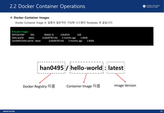 2.2 Docker Container Operations
v Docker Container Images
Docker Container Image 는 일종의 일반적인 가상화 시스템의 Templates 와 같습니다.
# docker images
REPOSITORY TAG IMAGE ID CREATED SIZE
hello-world latest 2cb0d9787c4d 2 months ago 1.85kB
han0495/hello-world latest 2cb0d9787c4d 2 months ago 1.85kB
han0495 / hello-world : latest
Docker Registry 이름 Container Image 이름 Image Version
18
 