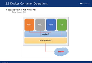 2.2 Docker Container Operations
v Docker를 이용해서 Web 서비스 구성
§ Docker Network 구조
28
 