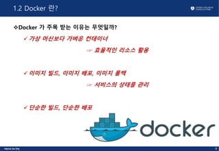 1.2 Docker 란?
vDocker 가 주목 받는 이유는 무엇일까?
ü가상 머신보다 가벼운 컨테이너
☞ 효율적인 리소스 활용
ü이미지 빌드, 이미지 배포, 이미지 롤백
☞ 서비스의 상태를 관리
ü단순한 빌드, 단순한...