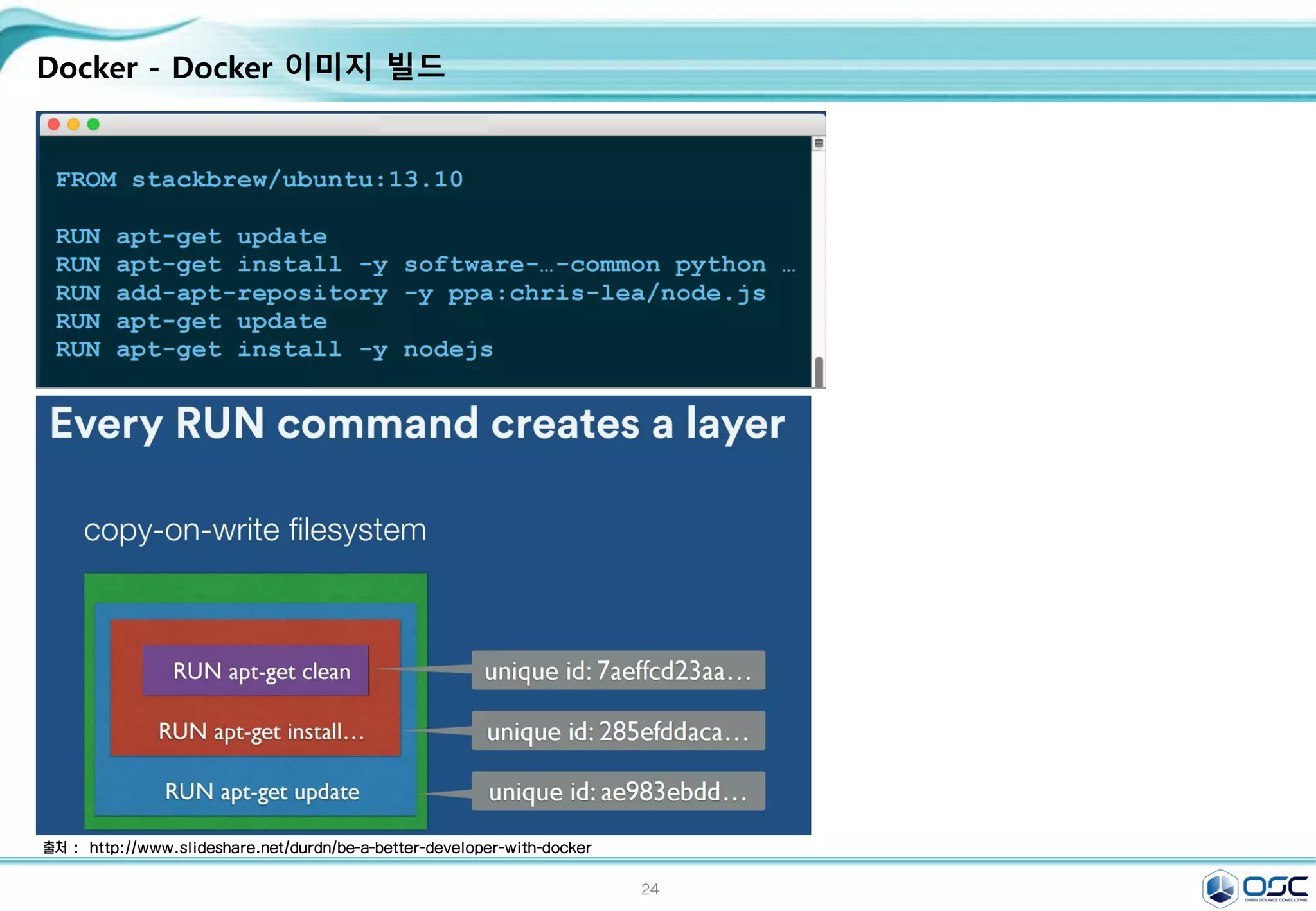 24
Docker - Docker 이미지 빌드
출처 : http://www.slideshare.net/durdn/be-a-better-developer-with-docker
 