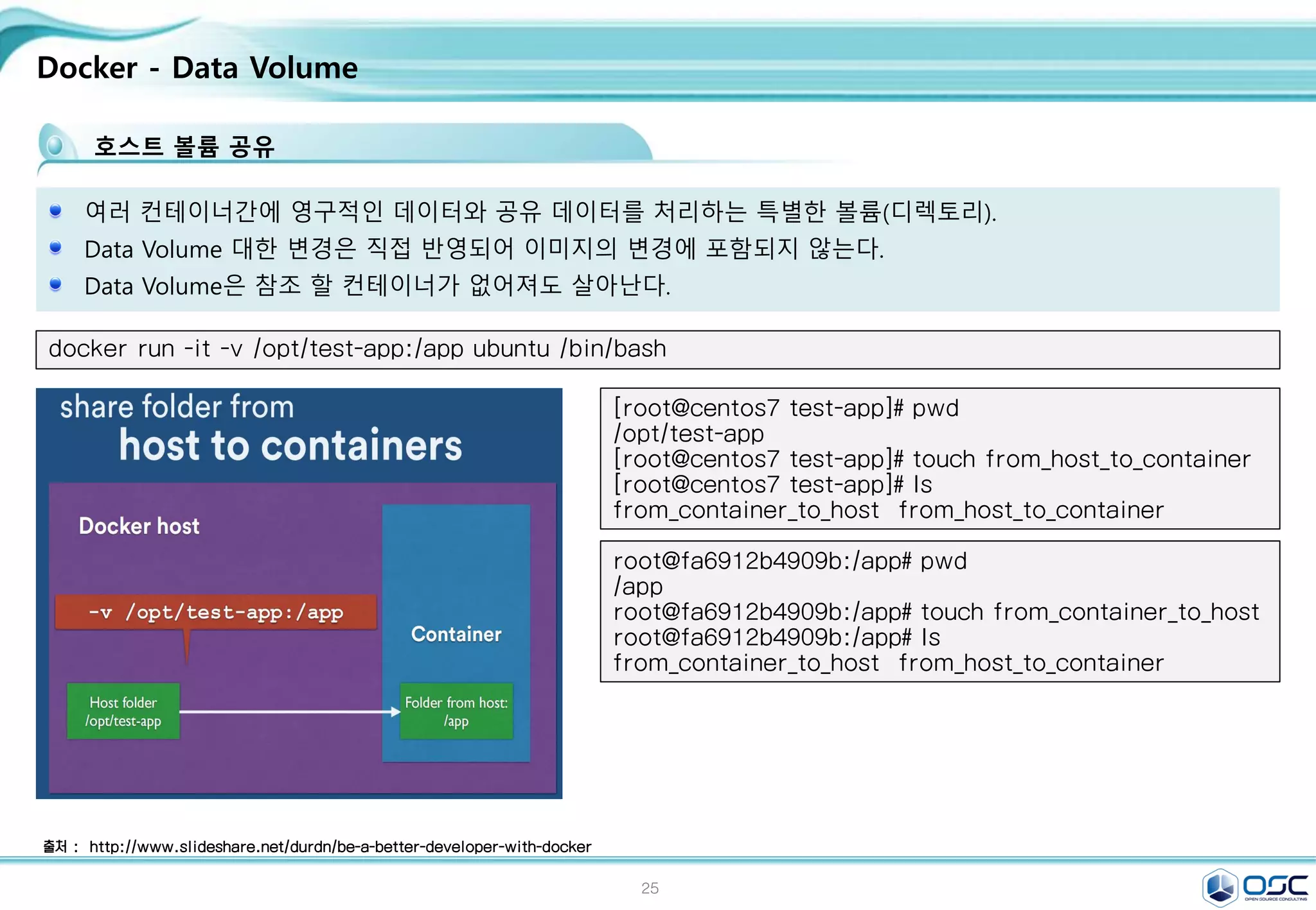 25
Docker - Data Volume
여러 컨테이너간에 영구적인 데이터와 공유 데이터를 처리하는 특별한 볼륨(디렉토리).
Data Volume 대한 변경은 직접 반영되어 이미지의 변경에 포함되지 않는다.
Data Volume은 참조 할 컨테이너가 없어져도 살아난다.
출처 : http://www.slideshare.net/durdn/be-a-better-developer-with-docker
호스트 볼륨 공유
docker run -it -v /opt/test-app:/app ubuntu /bin/bash
root@fa6912b4909b:/app# pwd
/app
root@fa6912b4909b:/app# touch from_container_to_host
root@fa6912b4909b:/app# ls
from_container_to_host from_host_to_container
[root@centos7 test-app]# pwd
/opt/test-app
[root@centos7 test-app]# touch from_host_to_container
[root@centos7 test-app]# ls
from_container_to_host from_host_to_container
 