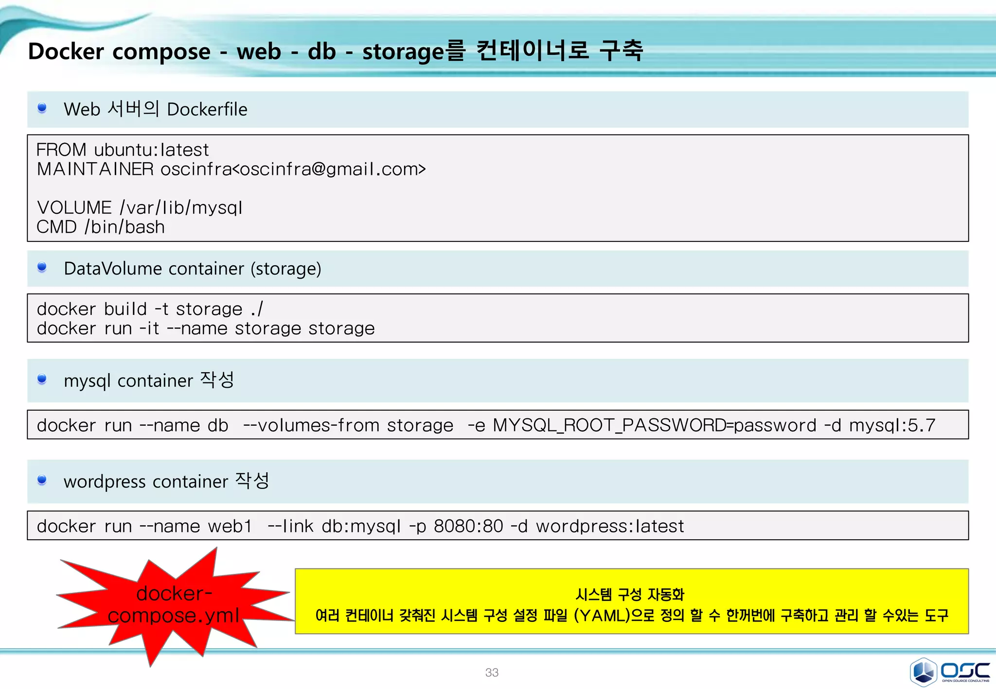 33
Docker compose - web - db - storage를 컨테이너로 구축
Web 서버의 Dockerfile
FROM ubuntu:latest
MAINTAINER oscinfra<oscinfra@gmail.com>
VOLUME /var/lib/mysql
CMD /bin/bash
docker build -t storage ./
docker run -it --name storage storage
DataVolume container (storage)
docker run --name db --volumes-from storage -e MYSQL_ROOT_PASSWORD=password -d mysql:5.7
mysql container 작성
docker run --name web1 --link db:mysql -p 8080:80 -d wordpress:latest
wordpress container 작성
시스템 구성 자동화
여러 컨테이너 갖춰진 시스템 구성 설정 파일 (YAML)으로 정의 할 수 한꺼번에 구축하고 관리 할 수있는 도구
docker-
compose.yml
 