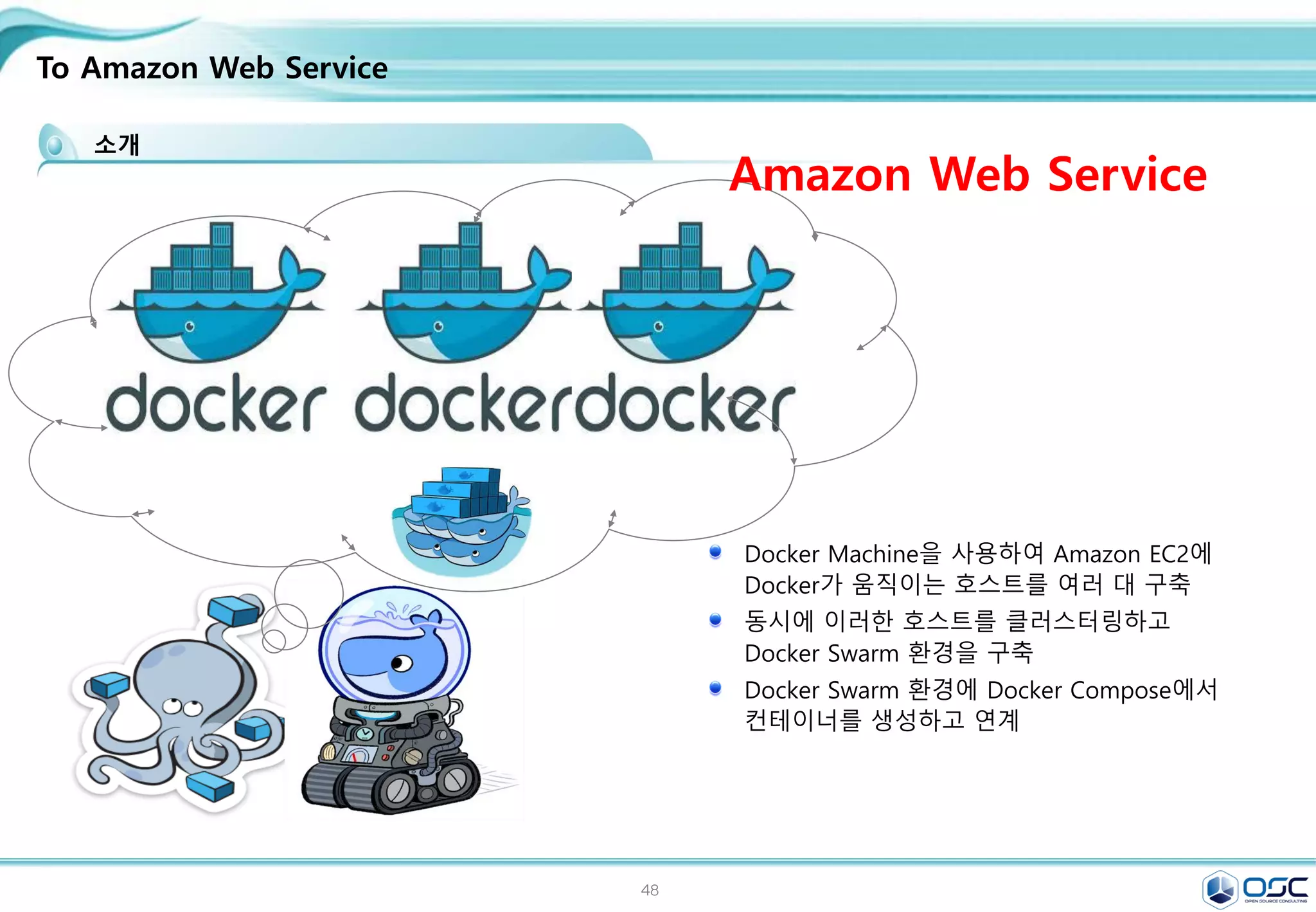 48
To Amazon Web Service
소개
Docker Machine을 사용하여 Amazon EC2에
Docker가 움직이는 호스트를 여러 대 구축
동시에 이러한 호스트를 클러스터링하고
Docker Swarm 환경을 구축
Docker Swarm 환경에 Docker Compose에서
컨테이너를 생성하고 연계
Amazon Web Service
 