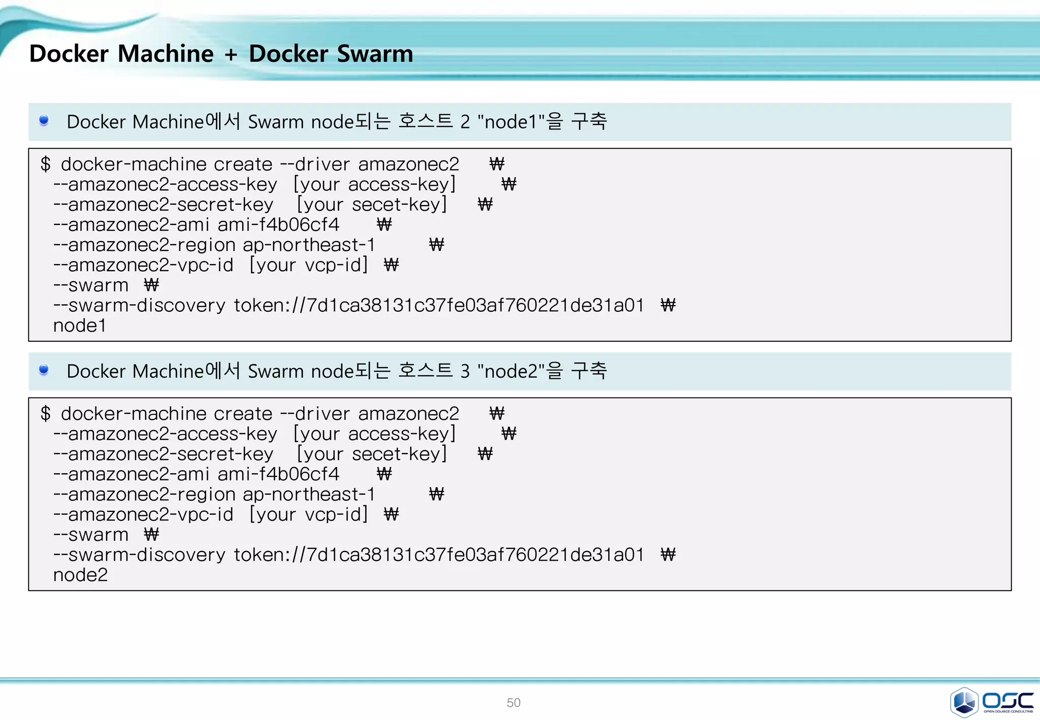 50
Docker Machine + Docker Swarm
Docker Machine에서 Swarm node되는 호스트 2 "node1"을 구축
$ docker-machine create --driver amazonec2 
--amazonec2-access-key [your access-key] 
--amazonec2-secret-key [your secet-key] 
--amazonec2-ami ami-f4b06cf4 
--amazonec2-region ap-northeast-1 
--amazonec2-vpc-id [your vcp-id] 
--swarm 
--swarm-discovery token://7d1ca38131c37fe03af760221de31a01 
node1
$ docker-machine create --driver amazonec2 
--amazonec2-access-key [your access-key] 
--amazonec2-secret-key [your secet-key] 
--amazonec2-ami ami-f4b06cf4 
--amazonec2-region ap-northeast-1 
--amazonec2-vpc-id [your vcp-id] 
--swarm 
--swarm-discovery token://7d1ca38131c37fe03af760221de31a01 
node2
Docker Machine에서 Swarm node되는 호스트 3 "node2"을 구축
 