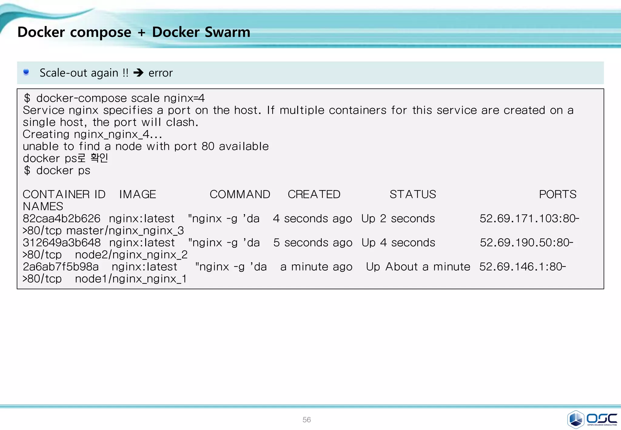 56
Docker compose + Docker Swarm
Scale-out again !!  error
$ docker-compose scale nginx=4
Service nginx specifies a port on the host. If multiple containers for this service are created on a
single host, the port will clash.
Creating nginx_nginx_4...
unable to find a node with port 80 available
docker ps로 확인
$ docker ps
CONTAINER ID IMAGE COMMAND CREATED STATUS PORTS
NAMES
82caa4b2b626 nginx:latest "nginx -g 'da 4 seconds ago Up 2 seconds 52.69.171.103:80-
>80/tcp master/nginx_nginx_3
312649a3b648 nginx:latest "nginx -g 'da 5 seconds ago Up 4 seconds 52.69.190.50:80-
>80/tcp node2/nginx_nginx_2
2a6ab7f5b98a nginx:latest "nginx -g 'da a minute ago Up About a minute 52.69.146.1:80-
>80/tcp node1/nginx_nginx_1
 