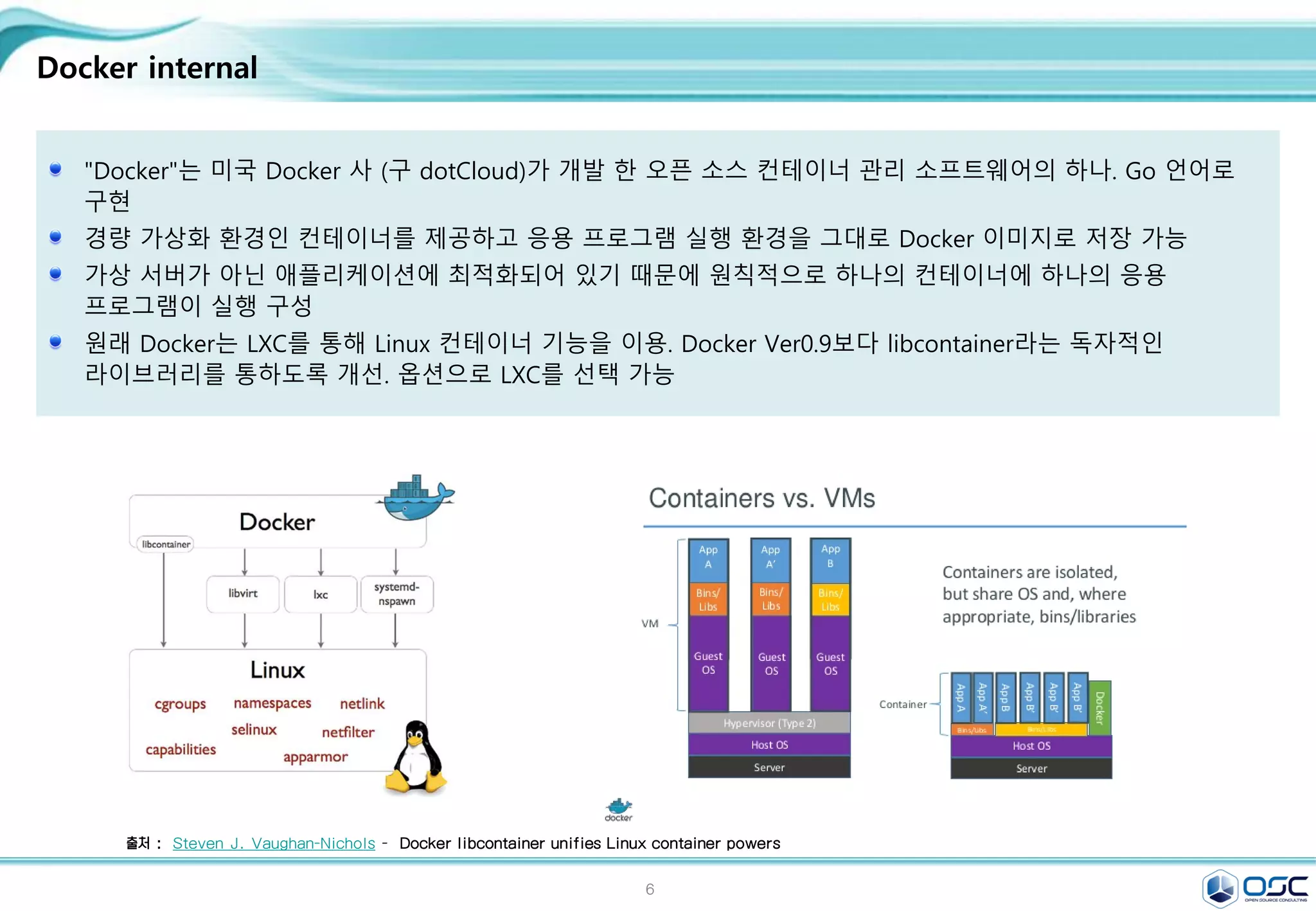 6
Docker internal
"Docker"는 미국 Docker 사 (구 dotCloud)가 개발 한 오픈 소스 컨테이너 관리 소프트웨어의 하나. Go 언어로
구현
경량 가상화 환경인 컨테이너를 제공하고 응용 프로그램 실행 환경을 그대로 Docker 이미지로 저장 가능
가상 서버가 아닌 애플리케이션에 최적화되어 있기 때문에 원칙적으로 하나의 컨테이너에 하나의 응용
프로그램이 실행 구성
원래 Docker는 LXC를 통해 Linux 컨테이너 기능을 이용. Docker Ver0.9보다 libcontainer라는 독자적인
라이브러리를 통하도록 개선. 옵션으로 LXC를 선택 가능
출처 : Steven J. Vaughan-Nichols - Docker libcontainer unifies Linux container powers
 