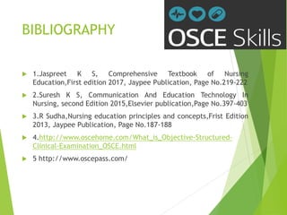 BIBLIOGRAPHY
 1.Jaspreet K S, Comprehensive Textbook of Nursing
Education,First edition 2017, Jaypee Publication, Page No.219-222
 2.Suresh K S, Communication And Education Technology In
Nursing, second Edition 2015,Elsevier publication,Page No.397-403
 3.R Sudha,Nursing education principles and concepts,Frist Edition
2013, Jaypee Publication, Page No.187-188
 4.http://www.oscehome.com/What_is_Objective-Structured-
Clinical-Examination_OSCE.html
 5 http://www.oscepass.com/
 