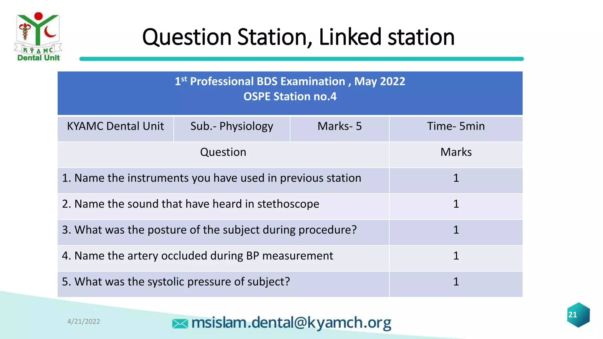 Question Station, Linked station
1st Professional BDS Examination , May 2022
OSPE Station no.4
KYAMC Dental Unit Sub.- Physiology Marks- 5 Time- 5min
Question Marks
1. Name the instruments you have used in previous station 1
2. Name the sound that have heard in stethoscope 1
3. What was the posture of the subject during procedure? 1
4. Name the artery occluded during BP measurement 1
5. What was the systolic pressure of subject? 1
4/21/2022
21
 