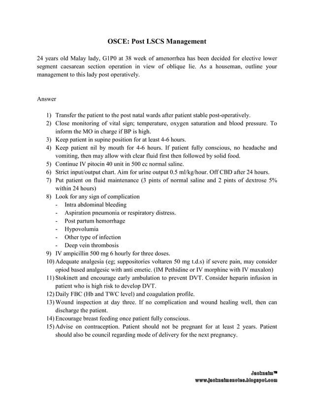 Lscs Labour Osce post op management for lscs | PDF | Pregnancy | Reproductive Health