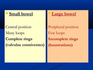    Small bowel             Large bowel

Central position         Peripheral position
Many loops               Few loops
Complete rings           Incomplete rings
(valvulae conniventes)   (haustrations)
 