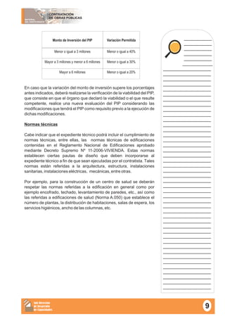 MATERIAL
DEL PARTICIPANTE
CONTRATACIÓN
DE OBRAS PÚBLICAS
Sub Dirección
de Desarrollo
de Capacidades
___________
___________
___________
___________
___________
____________
___________________
___________________
___________________
___________________
___________________
___________________
___________________
___________________
___________________
___________________
___________________
___________________
___________________
___________________
___________________
___________________
___________________
___________________
___________________
___________________
___________________
___________________
___________________
___________________
___________________
___________________
___________________
___________________
___________________
___________________
___________________
___________________
___________________
___________________
___________________
___________________
___________________
___________________
___________________
___________________
___________________
___________________
___________________
___________________
En caso que la variación del monto de inversión supere los porcentajes
antes indicados, deberá realizarse la verificación de la viabilidad del PIP,
que consiste en que el órgano que declaró la viabilidad o el que resulte
competente, realice una nueva evaluación del PIP considerando las
modificaciones que tendrá el PIP como requisito previo a la ejecución de
dichas modificaciones.
Normas técnicas
Cabe indicar que el expediente técnico podrá incluir el cumplimiento de
normas técnicas, entre ellas, las normas técnicas de edificaciones
contenidas en el Reglamento Nacional de Edificaciones aprobado
mediante Decreto Supremo Nº 11-2006-VIVIENDA. Estas normas
establecen ciertas pautas de diseño que deben incorporarse al
expediente técnico a fin de que sean ejecutadas por el contratista. Tales
normas están referidas a la arquitectura, estructura, instalaciones
sanitarias, instalaciones eléctricas, mecánicas, entre otras.
Por ejemplo, para la construcción de un centro de salud se deberán
respetar las normas referidas a la edificación en general como por
ejemplo encofrado, techado, levantamiento de paredes, etc., así como
las referidas a edificaciones de salud (Norma A.050) que establece el
número de plantas, la distribución de habitaciones, salas de espera, los
servicios higiénicos, ancho de las columnas, etc.
Monto de Inversión del PIP Variación Permitida
Menor o igual a 3 millones
Mayor a 6 millones
Mayor a 3 millones y menor a 6 millones
Menor o igual a 40%
Menor o igual a 30%
Menor o igual a 20%
9
 
