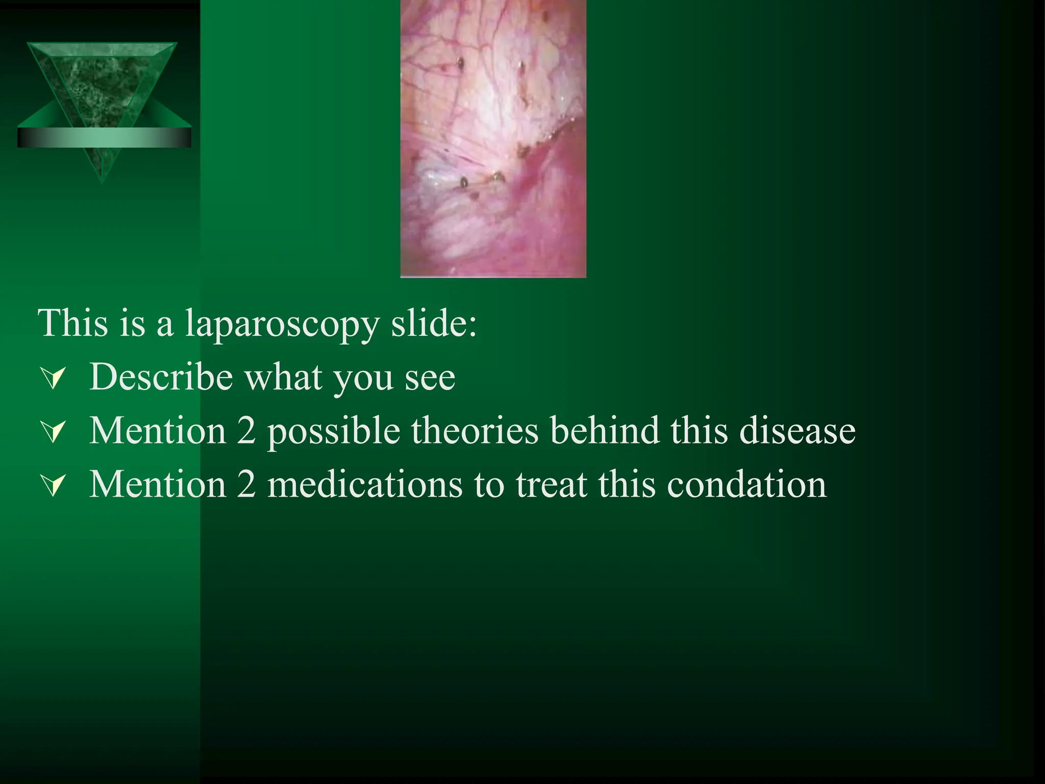 This is a laparoscopy slide:
 Describe what you see
 Mention 2 possible theories behind this disease
 Mention 2 medications to treat this condation
 