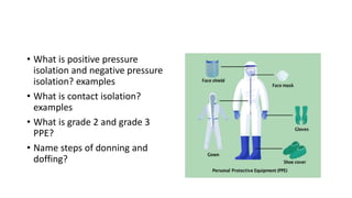 • What is positive pressure
isolation and negative pressure
isolation? examples
• What is contact isolation?
examples
• What is grade 2 and grade 3
PPE?
• Name steps of donning and
doffing?
 