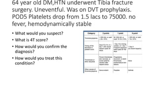 64 year old DM,HTN underwent Tibia fracture
surgery. Uneventful. Was on DVT prophylaxis.
POD5 Platelets drop from 1.5 lacs to 75000. no
fever, hemodynamically stable
• What would you suspect?
• What is 4T score?
• How would you confirm the
diagnosis?
• How would you treat this
condition?
 