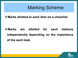 Marking Scheme
Marks allotted to each item on a checklist
Marks are allotted for each stations
independently depending on the importance
of the each task.
 