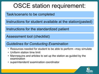 OSCE station requirement:
Task/scenario to be completed
Instructions for student available at the station(pasted)
Instructions for the standardized patient
Assessment tool (checklist)
Guidelines for Conducting Examination
• Resources needed for student to be able to perform –may simulate
• Uniform station time limit
• Mannequins and articles to set up the station as guided by the
examination
• superintendent/ examination coordinator
 